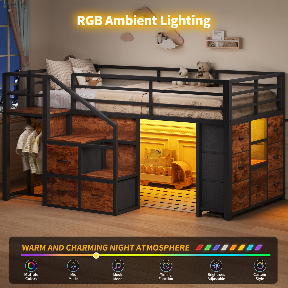 Twin Low Loft Bed with Storage Stairs, 10 Fabric Drawers, RGB LED Lights & Clothes Rail, Brown Metal Frame - YanosakuUS-BF037-BK-T