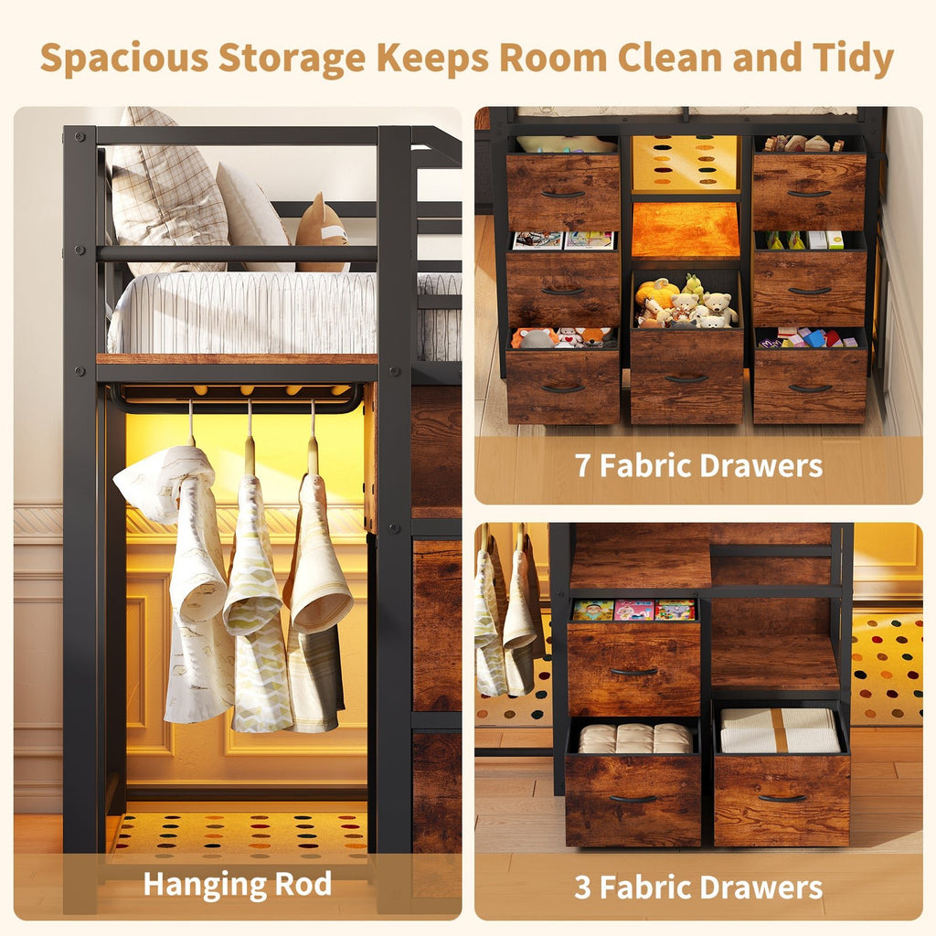 Twin Low Loft Bed with Storage Stairs, 10 Fabric Drawers, RGB LED Lights & Clothes Rail, Brown Metal Frame - YanosakuUS-BF037-BK-T