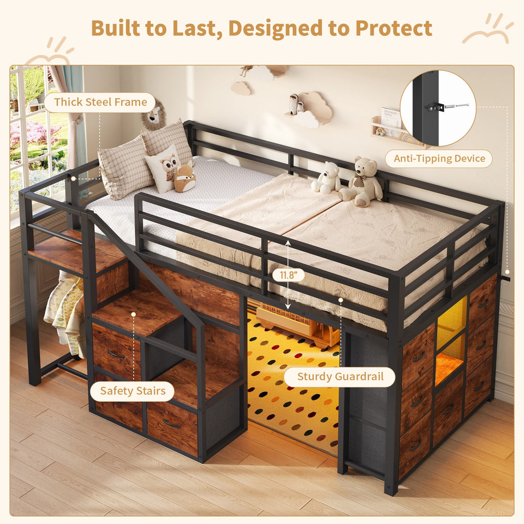 Twin Low Loft Bed with Storage Stairs, 10 Fabric Drawers, RGB LED Lights & Clothes Rail, Brown Metal Frame - YanosakuUS-BF037-BK-T