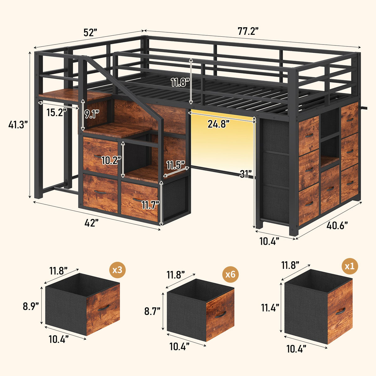 Twin Low Loft Bed with Storage Stairs, 10 Fabric Drawers, RGB LED Lights & Clothes Rail, Brown Metal Frame - YanosakuUS-BF037-BK-T