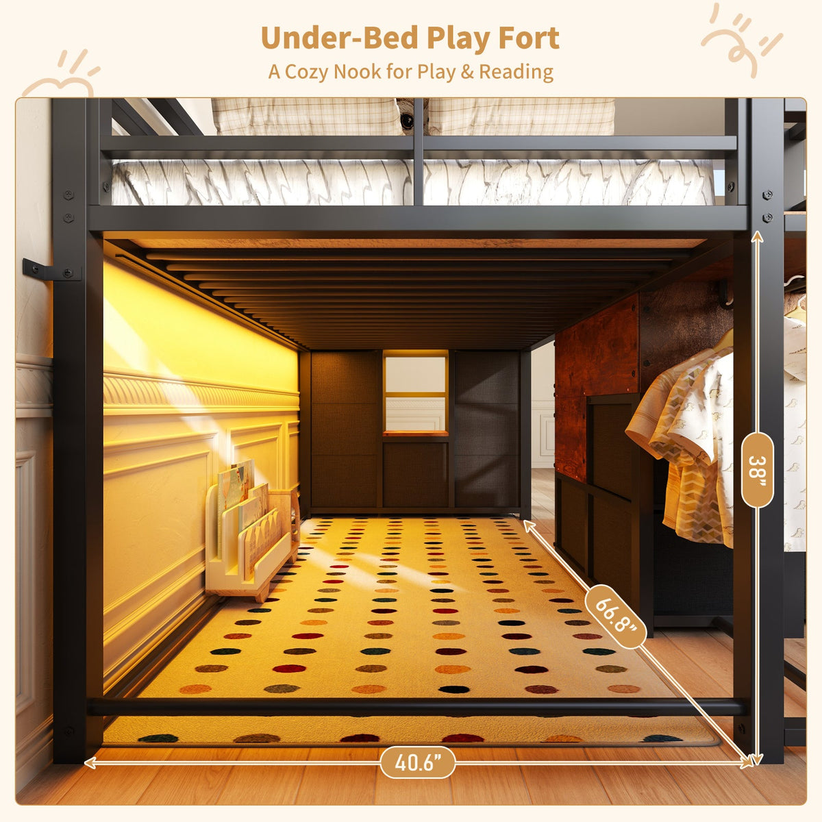 Twin Low Loft Bed with Storage Stairs, 10 Fabric Drawers, RGB LED Lights & Clothes Rail, Brown Metal Frame - YanosakuUS-BF037-BK-T