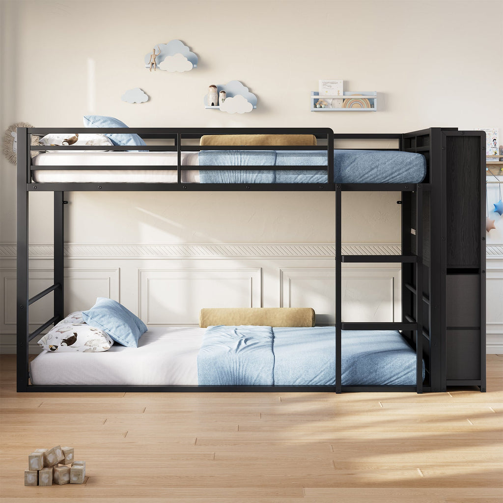 Twin Over Twin Low Bunk Bed with 6 Fabric Drawers, Bookshelf, RGB LED Lights & 11.8" Guardrails, Black Metal Frame - YanosakuUS-BF035-BK-T