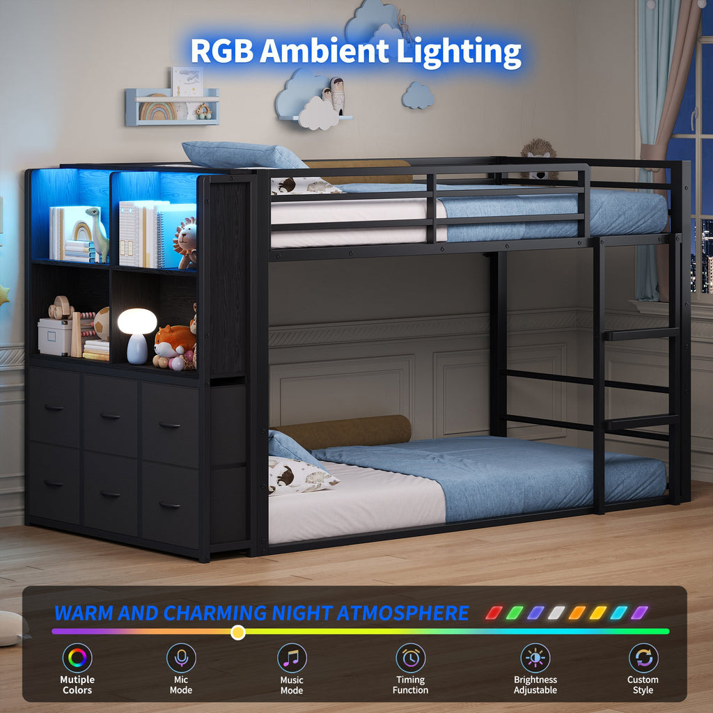Twin Over Twin Low Bunk Bed with 6 Fabric Drawers, Bookshelf, RGB LED Lights & 11.8" Guardrails, Black Metal Frame - YanosakuUS-BF035-BK-T