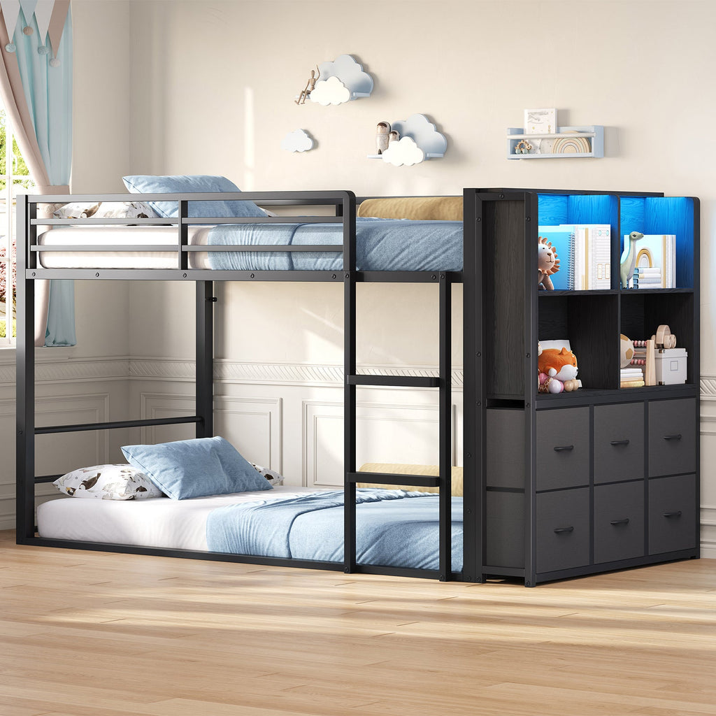 Twin Over Twin Low Bunk Bed with 6 Fabric Drawers, Bookshelf, RGB LED Lights & 11.8" Guardrails, Black Metal Frame - YanosakuUS-BF035-BK-T