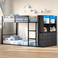 Twin Over Twin Low Bunk Bed with 6 Fabric Drawers, Bookshelf, RGB LED Lights & 11.8" Guardrails, Black Metal Frame - YanosakuUS-BF035-BK-T