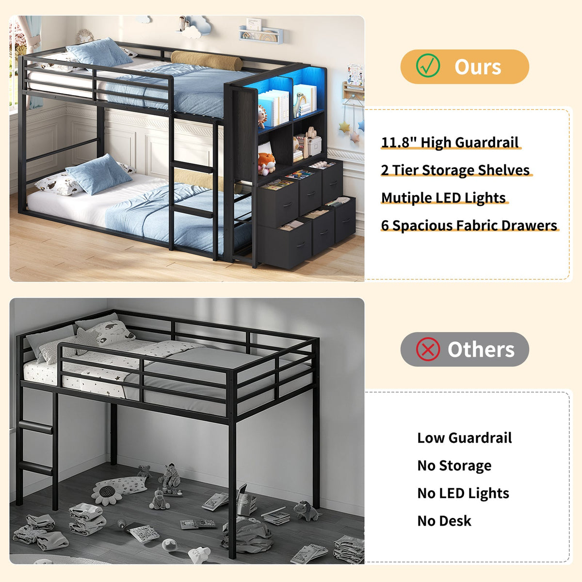Twin Over Twin Low Bunk Bed with 6 Fabric Drawers, Bookshelf, RGB LED Lights & 11.8" Guardrails, Black Metal Frame - YanosakuUS-BF035-BK-T
