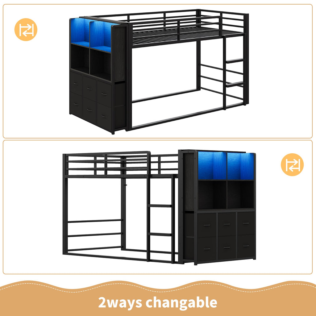 Twin Over Twin Low Bunk Bed with 6 Fabric Drawers, Bookshelf, RGB LED Lights & 11.8" Guardrails, Black Metal Frame - YanosakuUS-BF035-BK-T