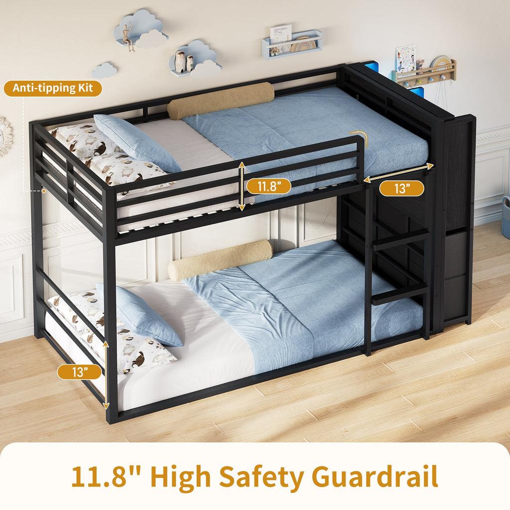 Twin Over Twin Low Bunk Bed with 6 Fabric Drawers, Bookshelf, RGB LED Lights & 11.8" Guardrails, Black Metal Frame - YanosakuUS-BF035-BK-T