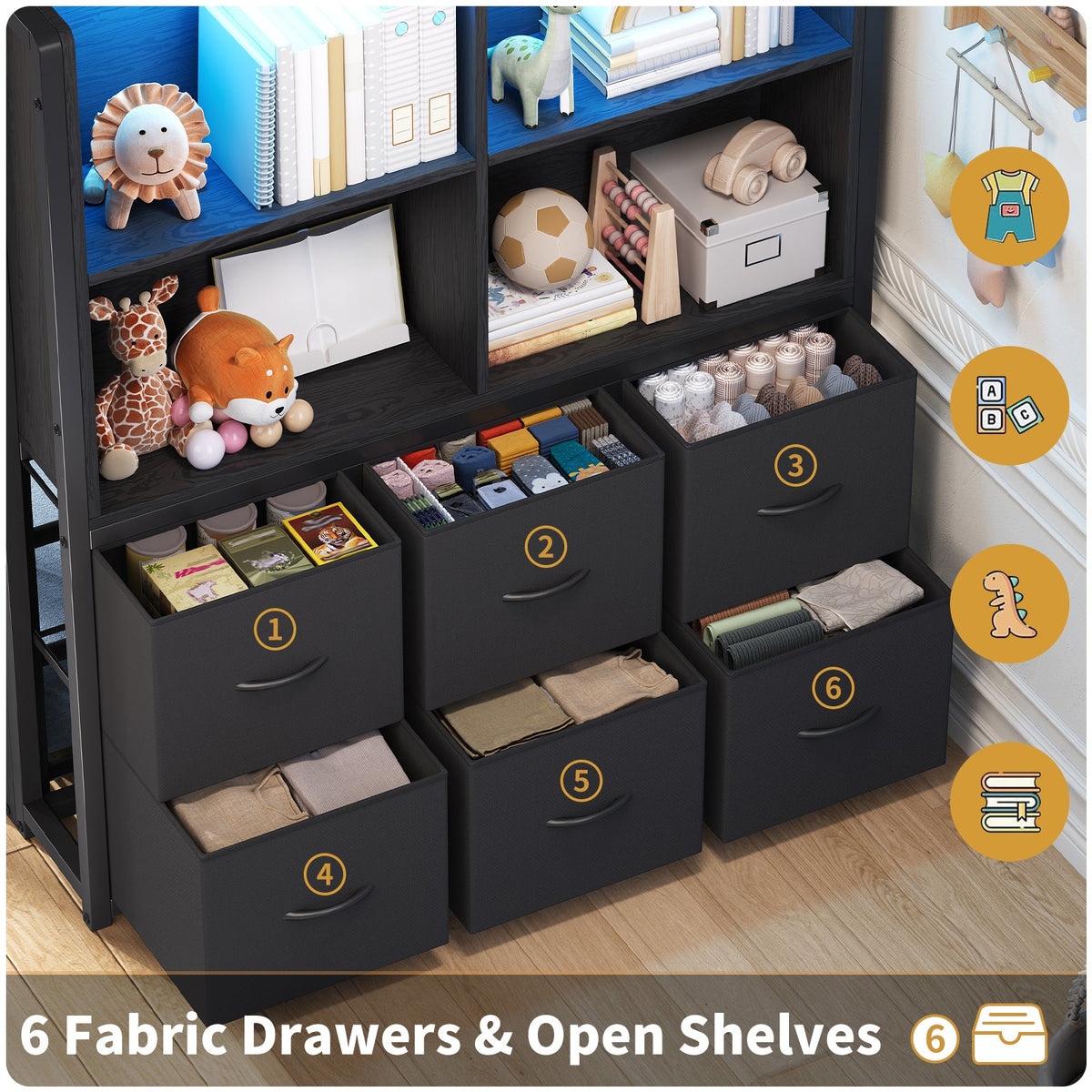 Twin Over Twin Low Bunk Bed with 6 Fabric Drawers, Bookshelf, RGB LED Lights & 11.8" Guardrails, Black Metal Frame - YanosakuUS-BF035-BK-T