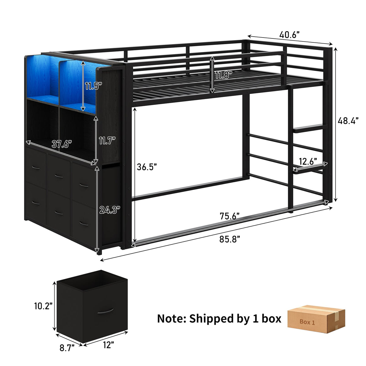 Twin Over Twin Low Bunk Bed with 6 Fabric Drawers, Bookshelf, RGB LED Lights & 11.8" Guardrails, Black Metal Frame - YanosakuUS-BF035-BK-T