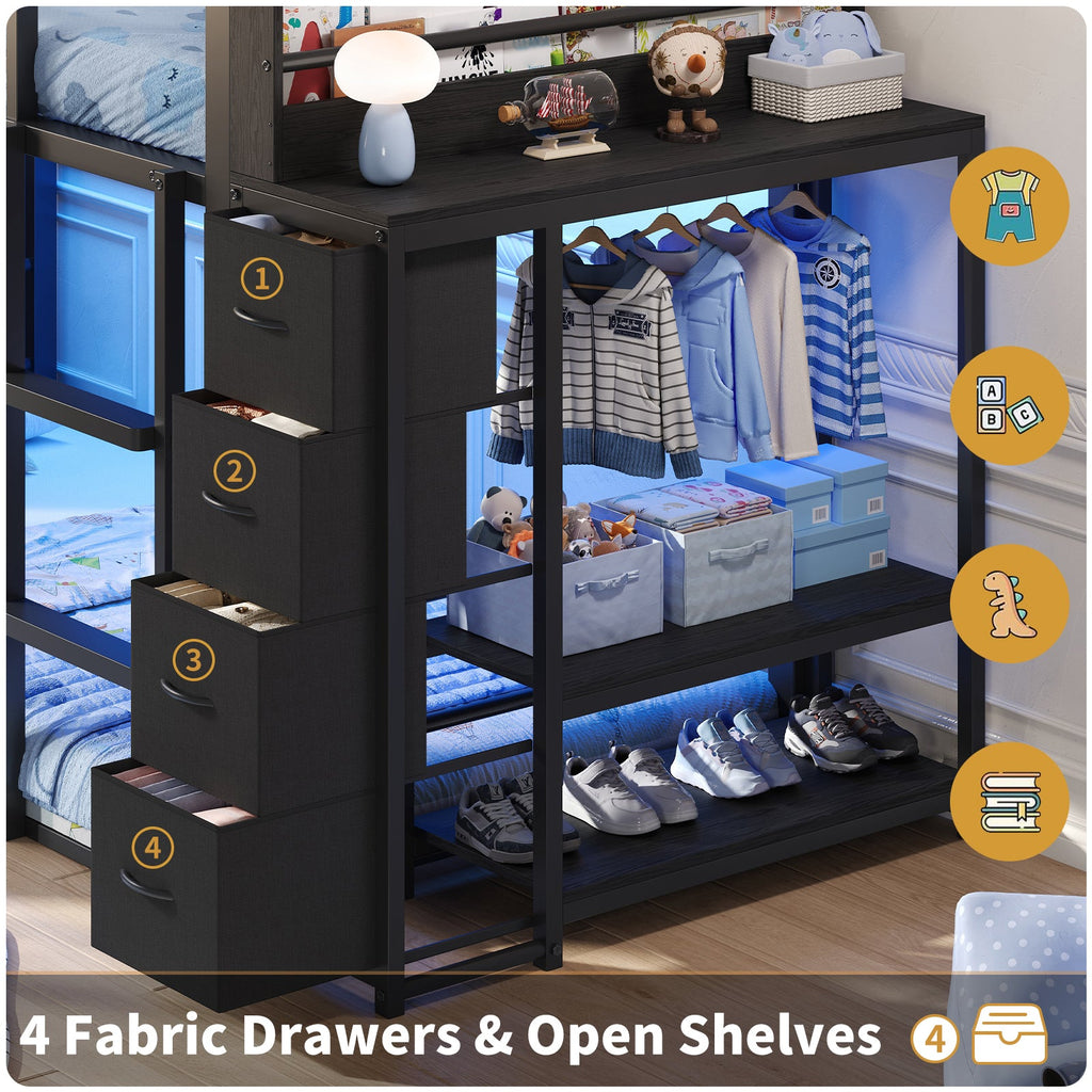 Twin Over Twin Low Bunk Bed with Bookshelf, 4 Fabric Drawers, RGB LED Lights & Clothes Rail, Black Metal Frame - YanosakuUS-BF034-BK-T