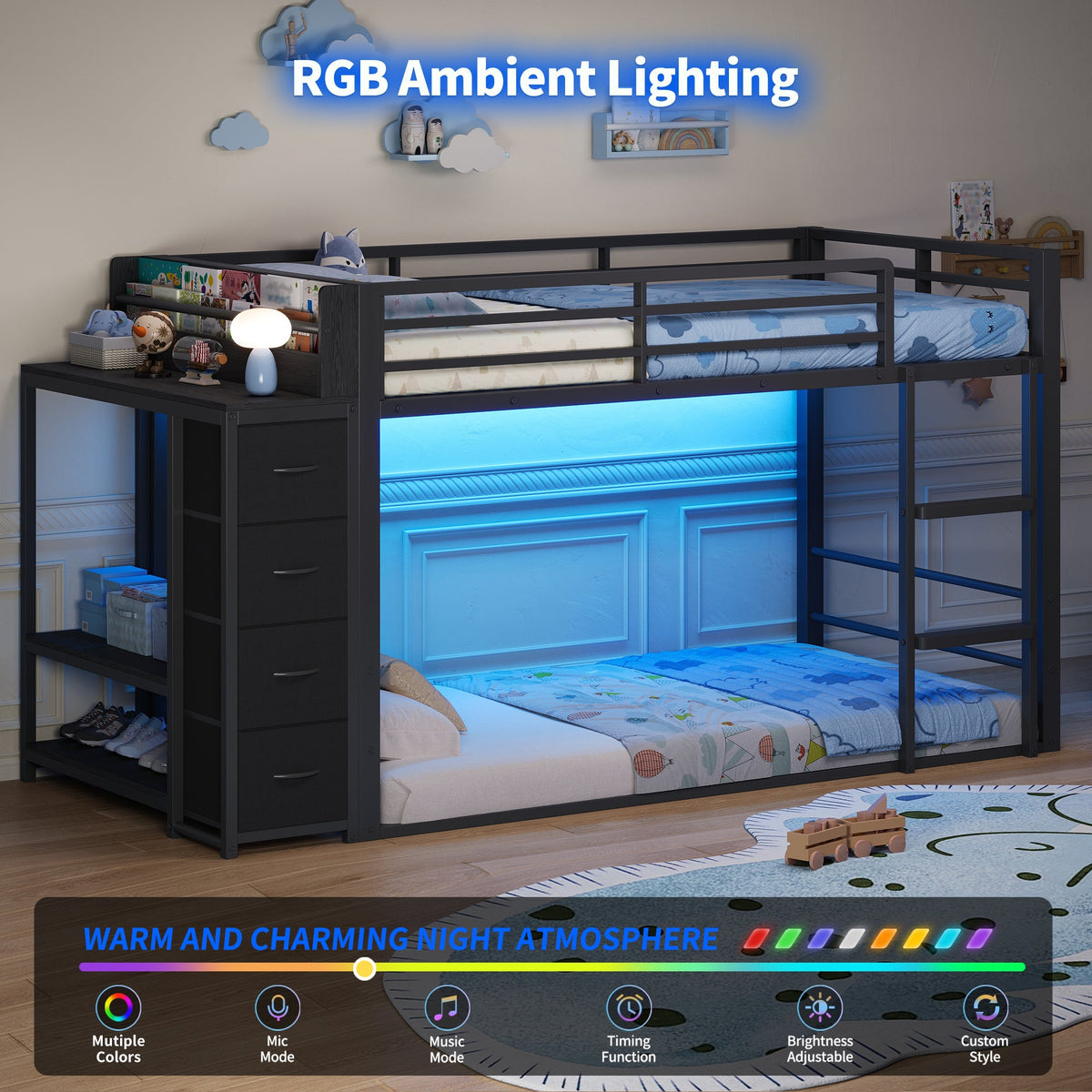 Twin Over Twin Low Bunk Bed with Bookshelf, 4 Fabric Drawers, RGB LED Lights & Clothes Rail, Black Metal Frame - YanosakuUS-BF034-BK-T