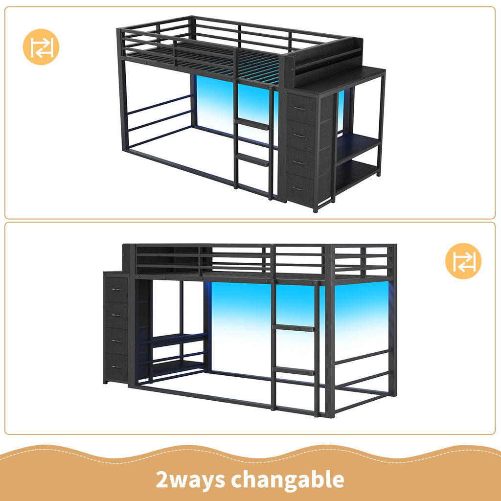 Twin Over Twin Low Bunk Bed with Bookshelf, 4 Fabric Drawers, RGB LED Lights & Clothes Rail, Black Metal Frame - YanosakuUS-BF034-BK-T