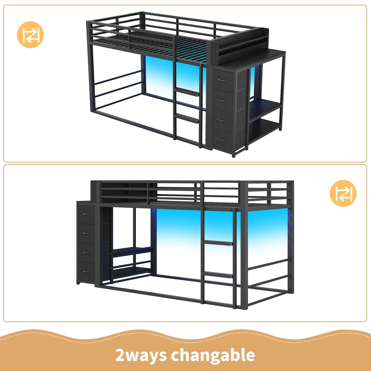 Twin Over Twin Low Bunk Bed with Bookshelf, 4 Fabric Drawers, RGB LED Lights & Clothes Rail, Black Metal Frame - YanosakuUS-BF034-BK-T
