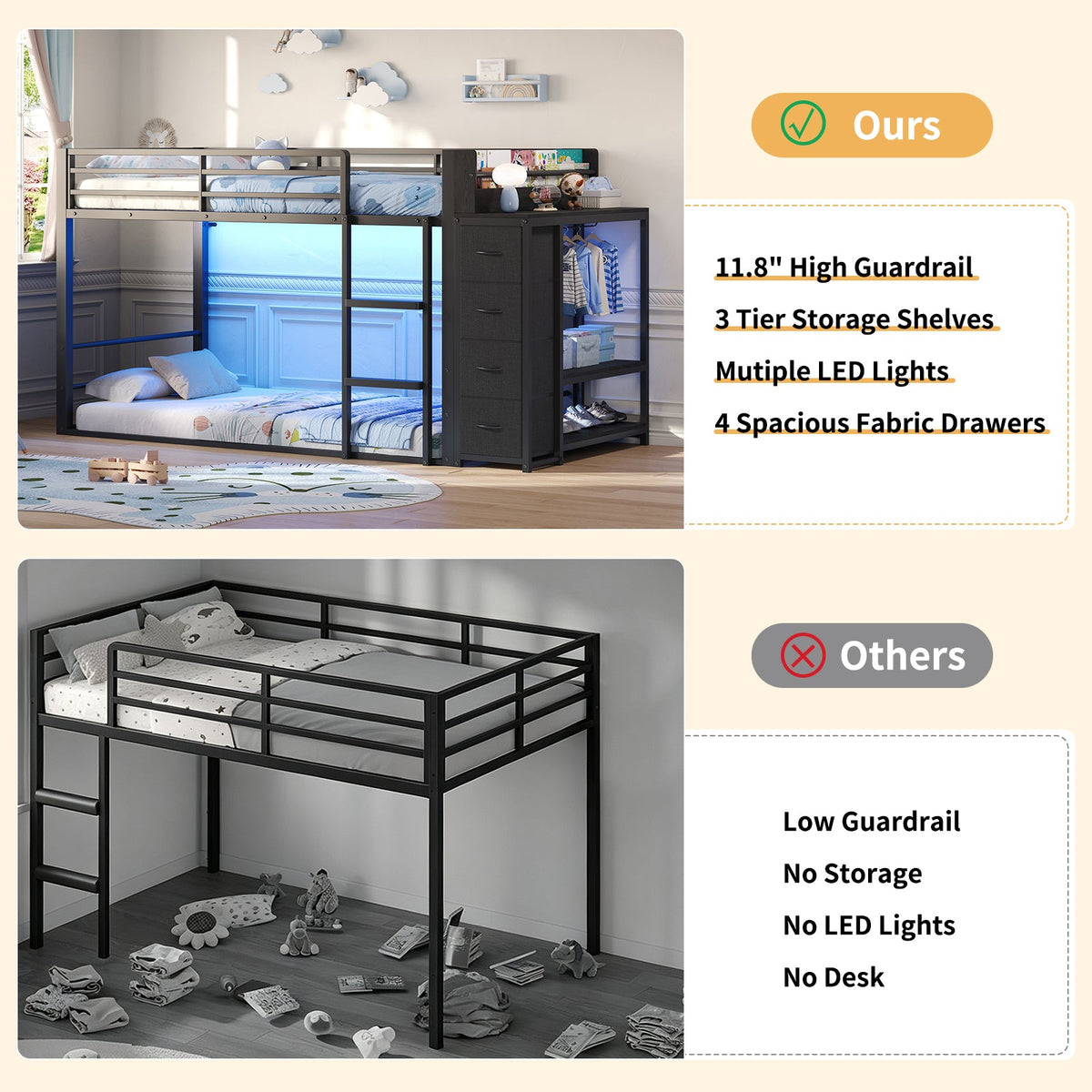 Twin Over Twin Low Bunk Bed with Bookshelf, 4 Fabric Drawers, RGB LED Lights & Clothes Rail, Black Metal Frame - YanosakuUS-BF034-BK-T