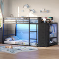 Twin Over Twin Low Bunk Bed with Bookshelf, 4 Fabric Drawers, RGB LED Lights & Clothes Rail, Black Metal Frame - YanosakuUS-BF034-BK-T
