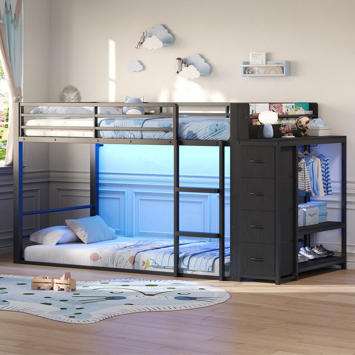 Twin Over Twin Low Bunk Bed with Bookshelf, 4 Fabric Drawers, RGB LED Lights & Clothes Rail, Black Metal Frame - YanosakuUS-BF034-BK-T