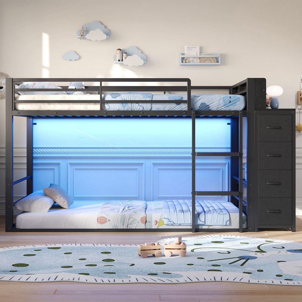 Twin Over Twin Low Bunk Bed with Bookshelf, 4 Fabric Drawers, RGB LED Lights & Clothes Rail, Black Metal Frame - YanosakuUS-BF034-BK-T