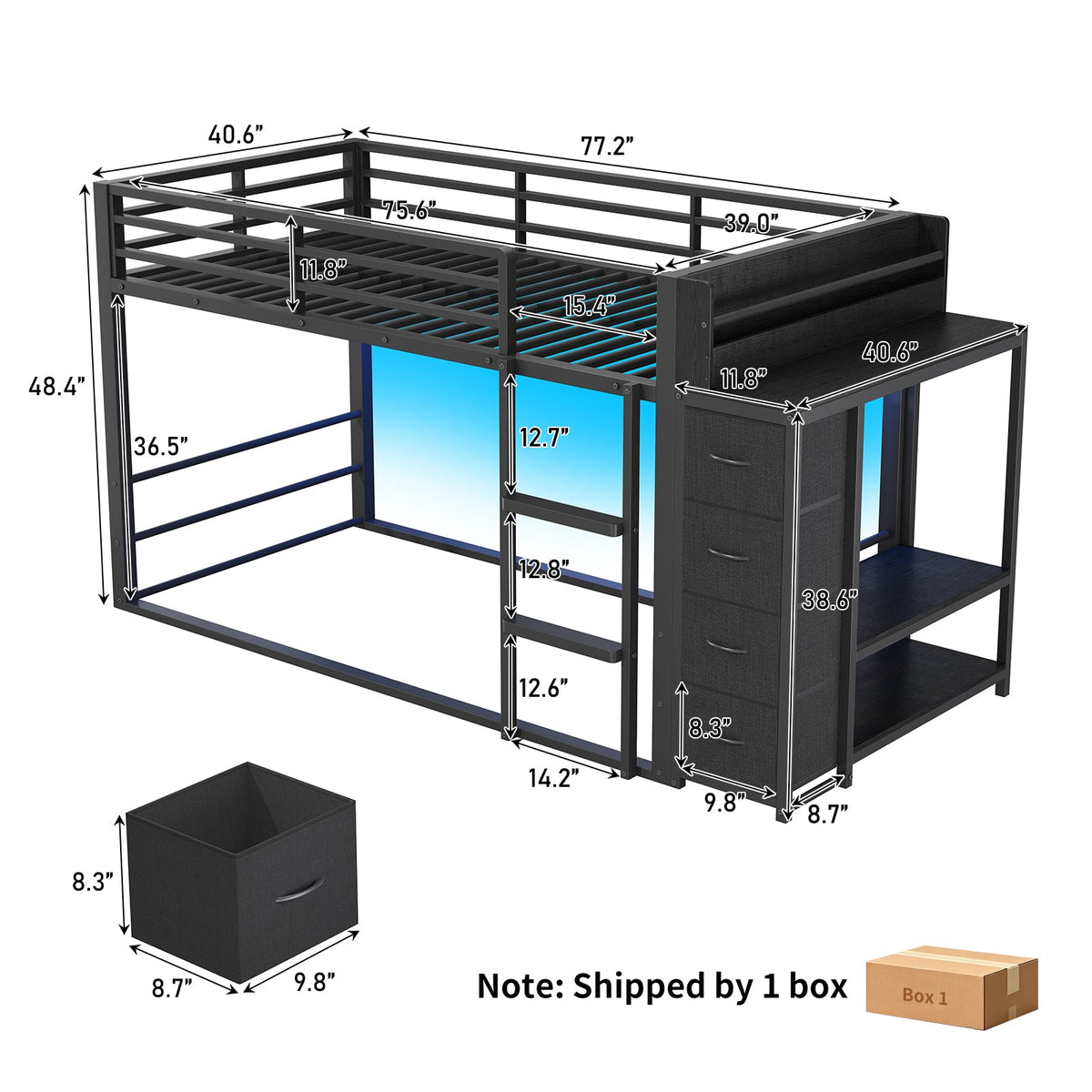 Twin Over Twin Low Bunk Bed with Bookshelf, 4 Fabric Drawers, RGB LED Lights & Clothes Rail, Black Metal Frame - YanosakuUS-BF034-BK-T