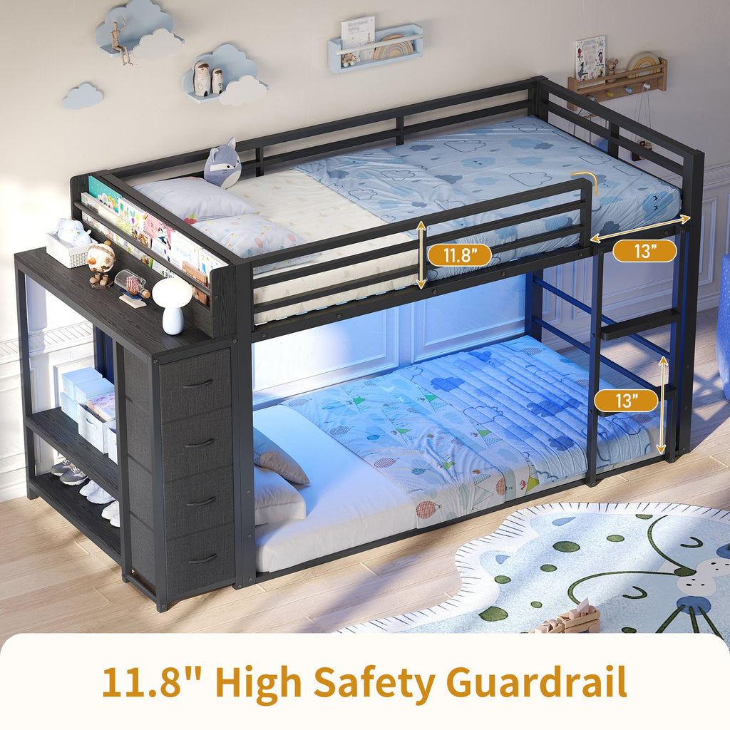 Twin Over Twin Low Bunk Bed with Bookshelf, 4 Fabric Drawers, RGB LED Lights & Clothes Rail, Black Metal Frame - YanosakuUS-BF034-BK-T