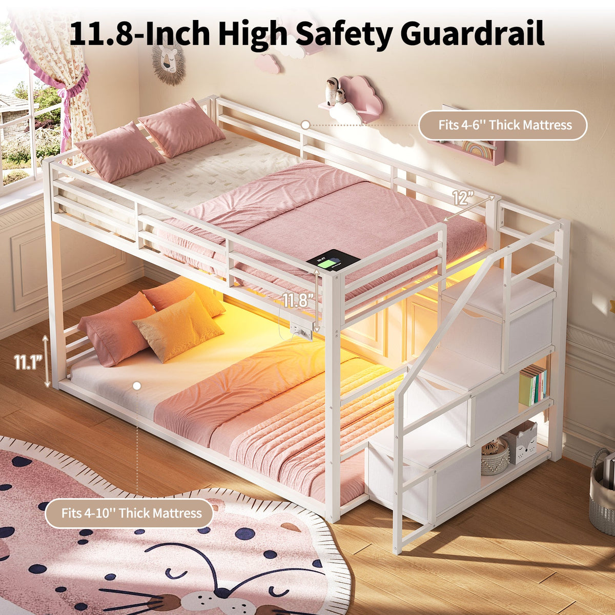 Twin Over Twin Low Bunk Bed with Storage Staircase, 3 Drawers & Shelves, RGB LED Lights, Charging Station & Full-Length Guardrails, Metal Bunk Bed Frame, Black - YanosakuUS-BF024-BK-T