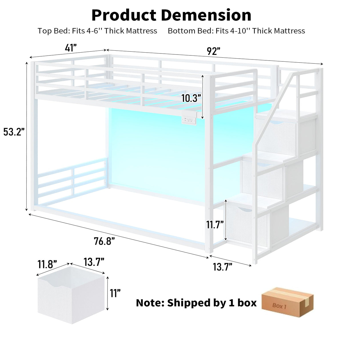 Twin Over Twin Low Bunk Bed with Storage Staircase, 3 Drawers & Shelves, RGB LED Lights, Charging Station & Full-Length Guardrails, Metal Bunk Bed Frame, Black - YanosakuUS-BF024-BK-T