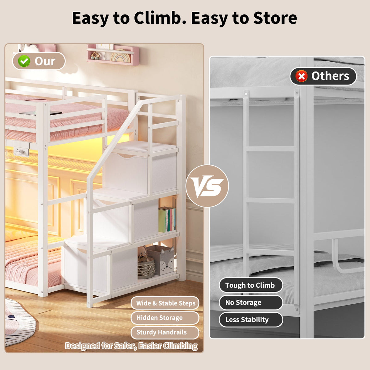 Twin Over Twin Low Bunk Bed with Storage Staircase, 3 Drawers & Shelves, RGB LED Lights, Charging Station & Full-Length Guardrails, Metal Bunk Bed Frame, Black - YanosakuUS-BF024-BK-T