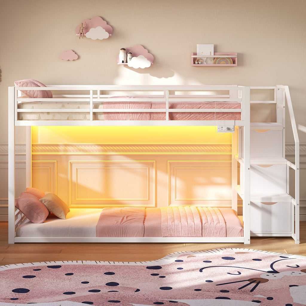 Twin Over Twin Low Bunk Bed with Storage Staircase, 3 Drawers & Shelves, RGB LED Lights, Charging Station & Full-Length Guardrails, Metal Bunk Bed Frame, Black - YanosakuUS-BF024-BK-T