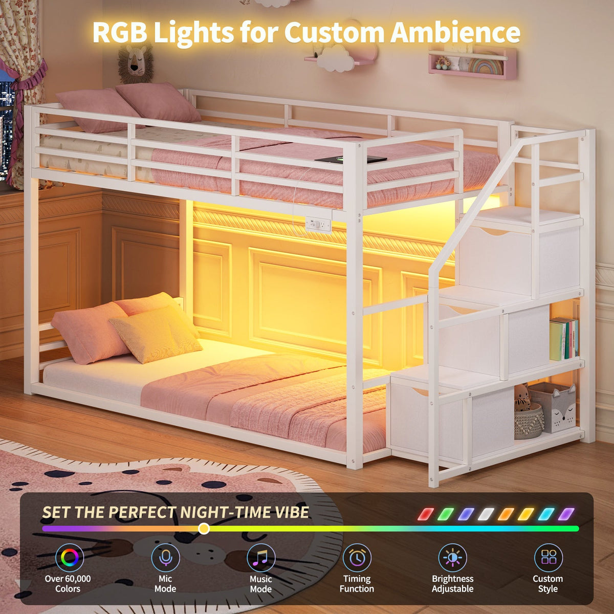 Twin Over Twin Low Bunk Bed with Storage Staircase, 3 Drawers & Shelves, RGB LED Lights, Charging Station & Full-Length Guardrails, Metal Bunk Bed Frame, Black - YanosakuUS-BF024-BK-T