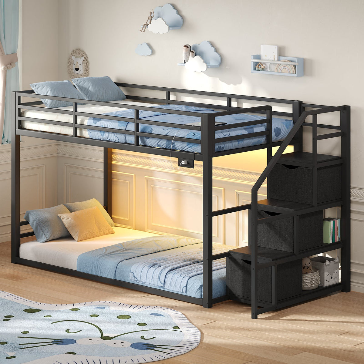 Twin Over Twin Low Bunk Bed with Storage Staircase, 3 Drawers & Shelves, RGB LED Lights, Charging Station & Full-Length Guardrails, Metal Bunk Bed Frame, Black - YanosakuUS-BF024-BK-T