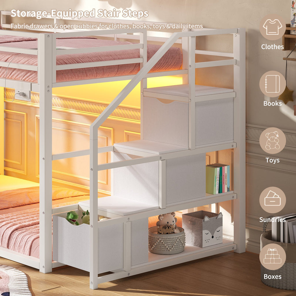 Twin Over Twin Low Bunk Bed with Storage Staircase, 3 Drawers & Shelves, RGB LED Lights, Charging Station & Full-Length Guardrails, Metal Bunk Bed Frame, Black - YanosakuUS-BF024-BK-T