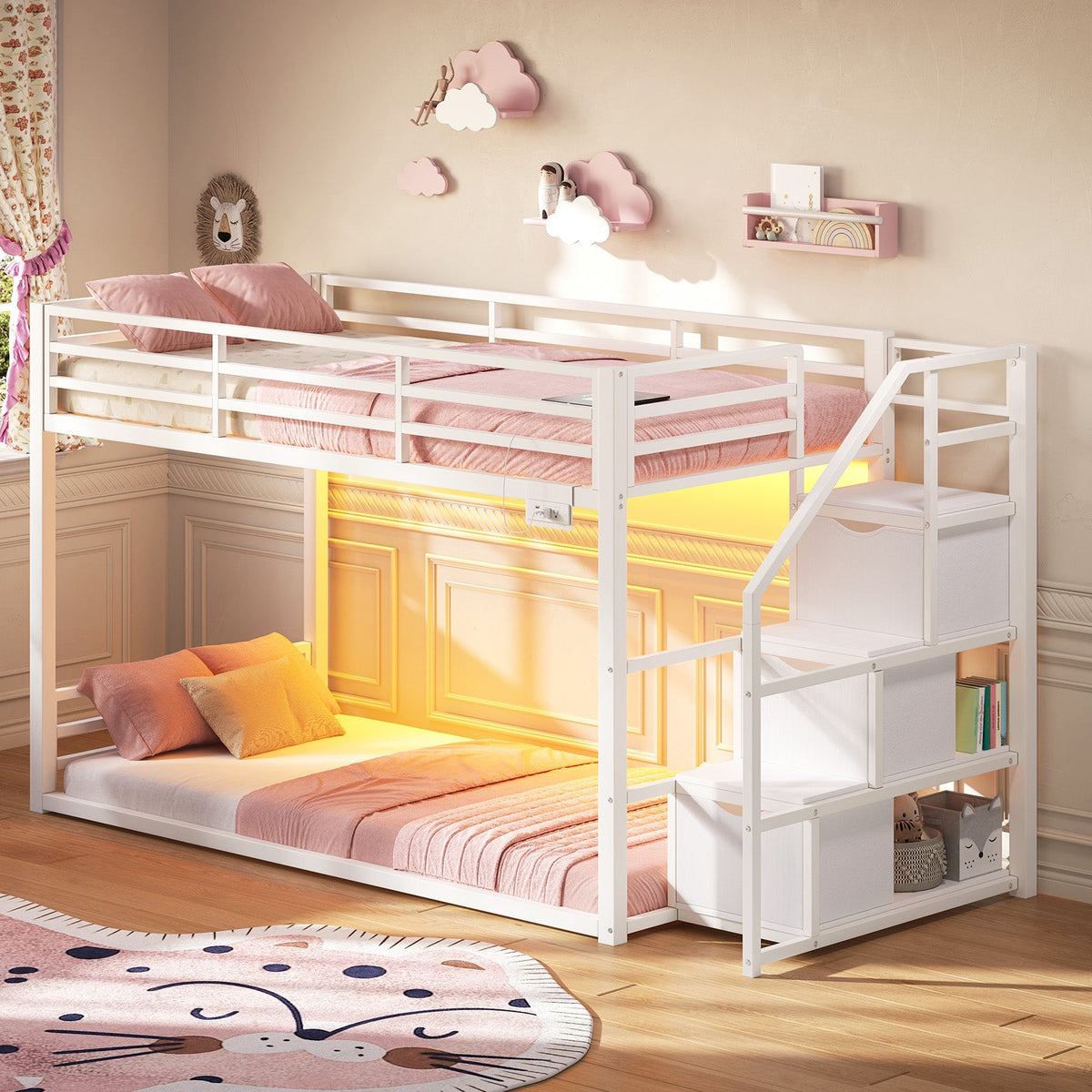 Twin Over Twin Low Bunk Bed with Storage Staircase, 3 Drawers & Shelves, RGB LED Lights, Charging Station & Full-Length Guardrails, Metal Bunk Bed Frame, Black - YanosakuUS-BF024-WE-T
