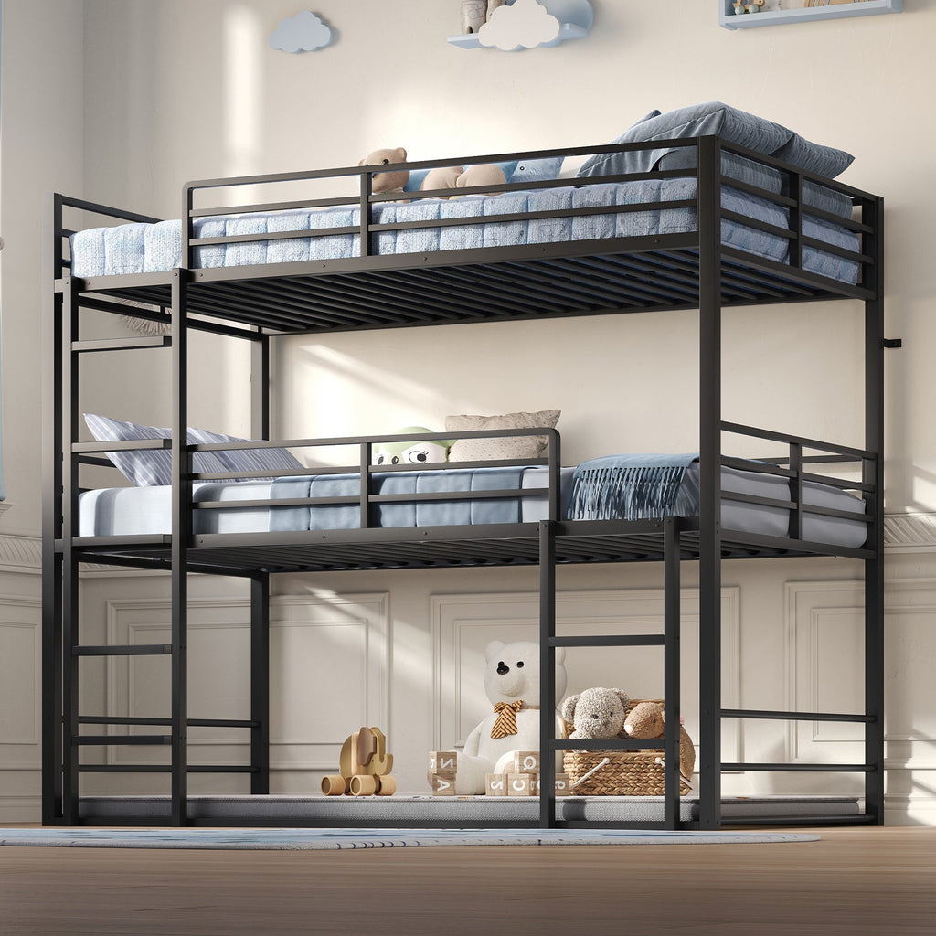 Twin Over Twin Over Twin Triple Bunk Bed, Black Metal Bunk Bed Frame with Full-Length Guardrails & Ladders, Heavy-Duty Space-Saving Triple Bed, No Box Spring Needed - YanosakuUS-BF029-BK-T
