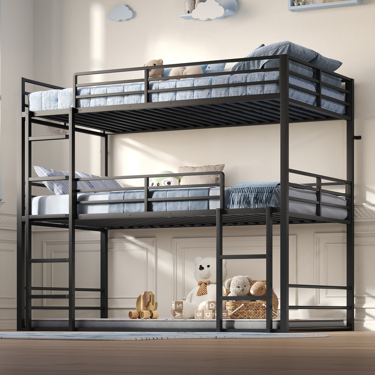 Twin Over Twin Over Twin Triple Bunk Bed, Black Metal Bunk Bed Frame with Full-Length Guardrails & Ladders, Heavy-Duty Space-Saving Triple Bed, No Box Spring Needed - YanosakuUS-BF029-BK-T