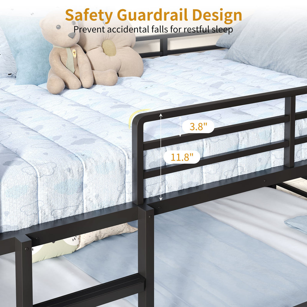 Twin Over Twin Over Twin Triple Bunk Bed, Black Metal Bunk Bed Frame with Full-Length Guardrails & Ladders, Heavy-Duty Space-Saving Triple Bed, No Box Spring Needed - YanosakuUS-BF029-BK-T