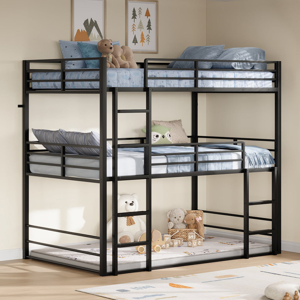 Twin Over Twin Over Twin Triple Bunk Bed, Black Metal Bunk Bed Frame with Full-Length Guardrails & Ladders, Heavy-Duty Space-Saving Triple Bed, No Box Spring Needed - YanosakuUS-BF029-BK-T