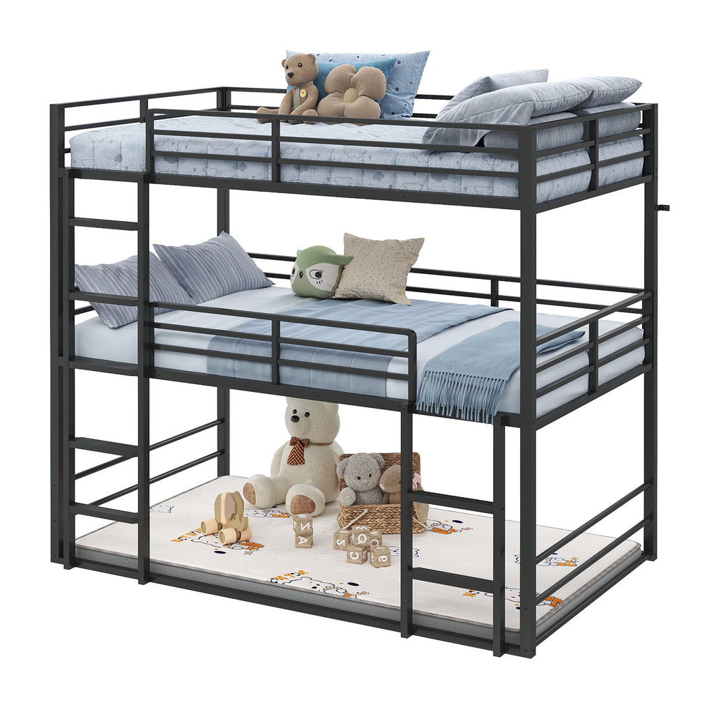 Twin Over Twin Over Twin Triple Bunk Bed, Black Metal Bunk Bed Frame with Full-Length Guardrails & Ladders, Heavy-Duty Space-Saving Triple Bed, No Box Spring Needed - YanosakuUS-BF029-BK-T