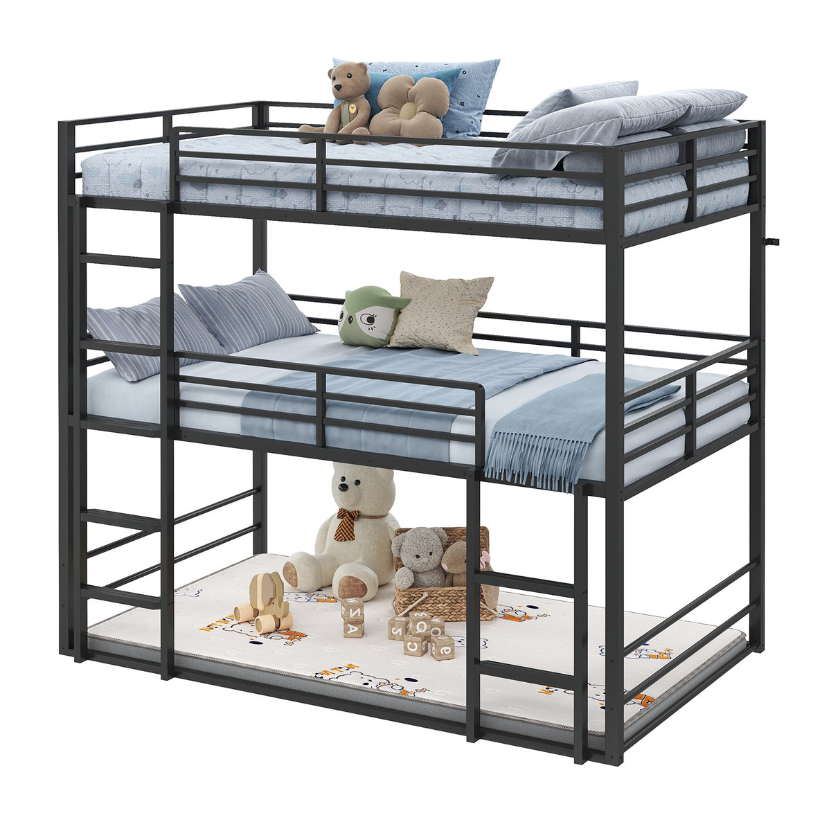 Twin Over Twin Over Twin Triple Bunk Bed, Black Metal Bunk Bed Frame with Full-Length Guardrails & Ladders, Heavy-Duty Space-Saving Triple Bed, No Box Spring Needed - YanosakuUS-BF029-BK-T
