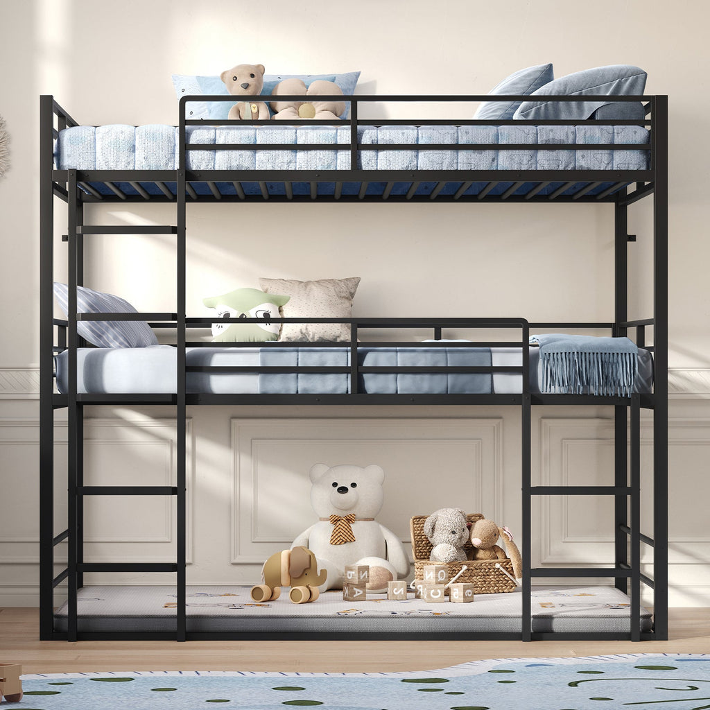 Twin Over Twin Over Twin Triple Bunk Bed, Black Metal Bunk Bed Frame with Full-Length Guardrails & Ladders, Heavy-Duty Space-Saving Triple Bed, No Box Spring Needed - YanosakuUS-BF029-BK-T