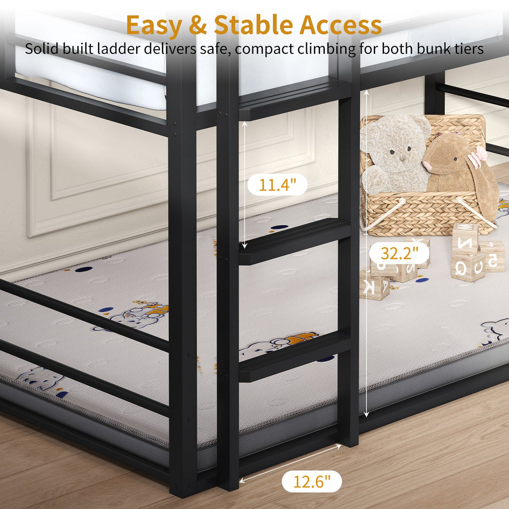 Twin Over Twin Over Twin Triple Bunk Bed, Black Metal Bunk Bed Frame with Full-Length Guardrails & Ladders, Heavy-Duty Space-Saving Triple Bed, No Box Spring Needed - YanosakuUS-BF029-BK-T