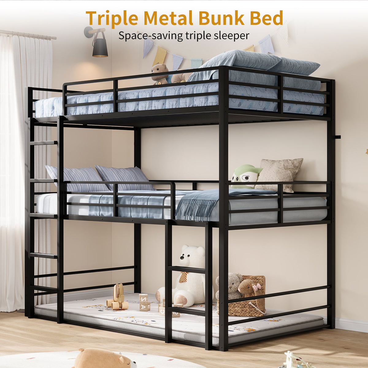 Twin Over Twin Over Twin Triple Bunk Bed, Black Metal Bunk Bed Frame with Full-Length Guardrails & Ladders, Heavy-Duty Space-Saving Triple Bed, No Box Spring Needed - YanosakuUS-BF029-BK-T