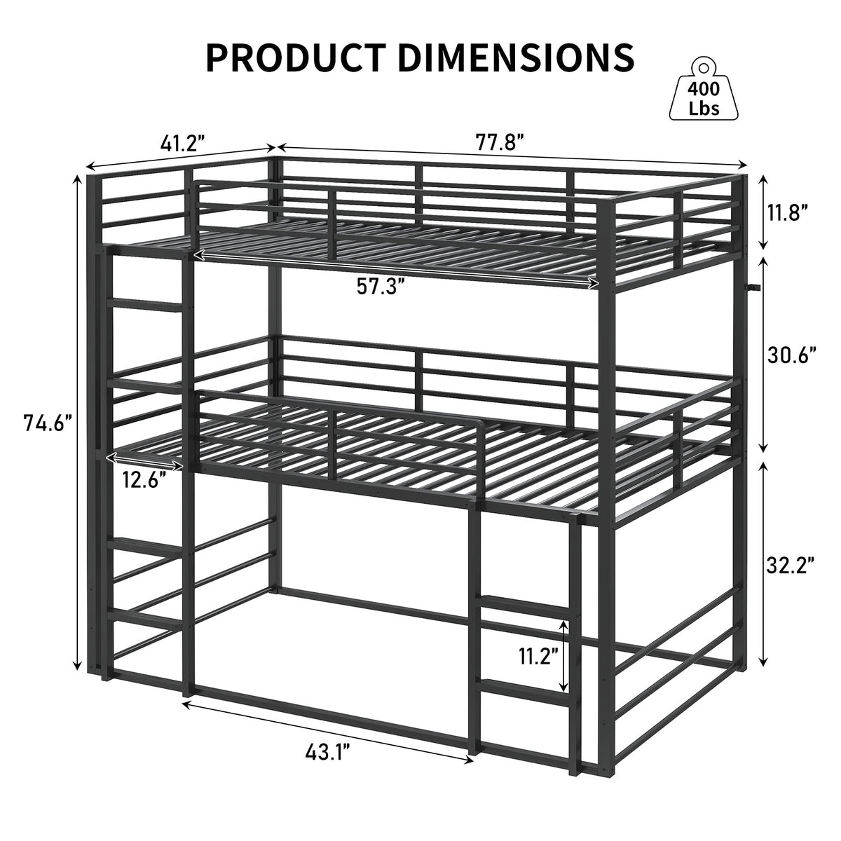 Twin Over Twin Over Twin Triple Bunk Bed, Black Metal Bunk Bed Frame with Full-Length Guardrails & Ladders, Heavy-Duty Space-Saving Triple Bed, No Box Spring Needed - YanosakuUS-BF029-BK-T