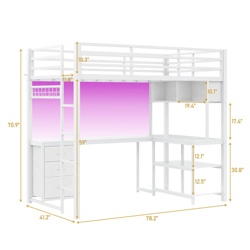 Twin Size Loft Bed Frame with L-Shaped Desk, RGB LED Lights, Charging Station, 3 Fabric Storage Drawers, Open Shelves & Grid Pegboard, Metal Bed for Teens & Adults, Black - Yanosaku