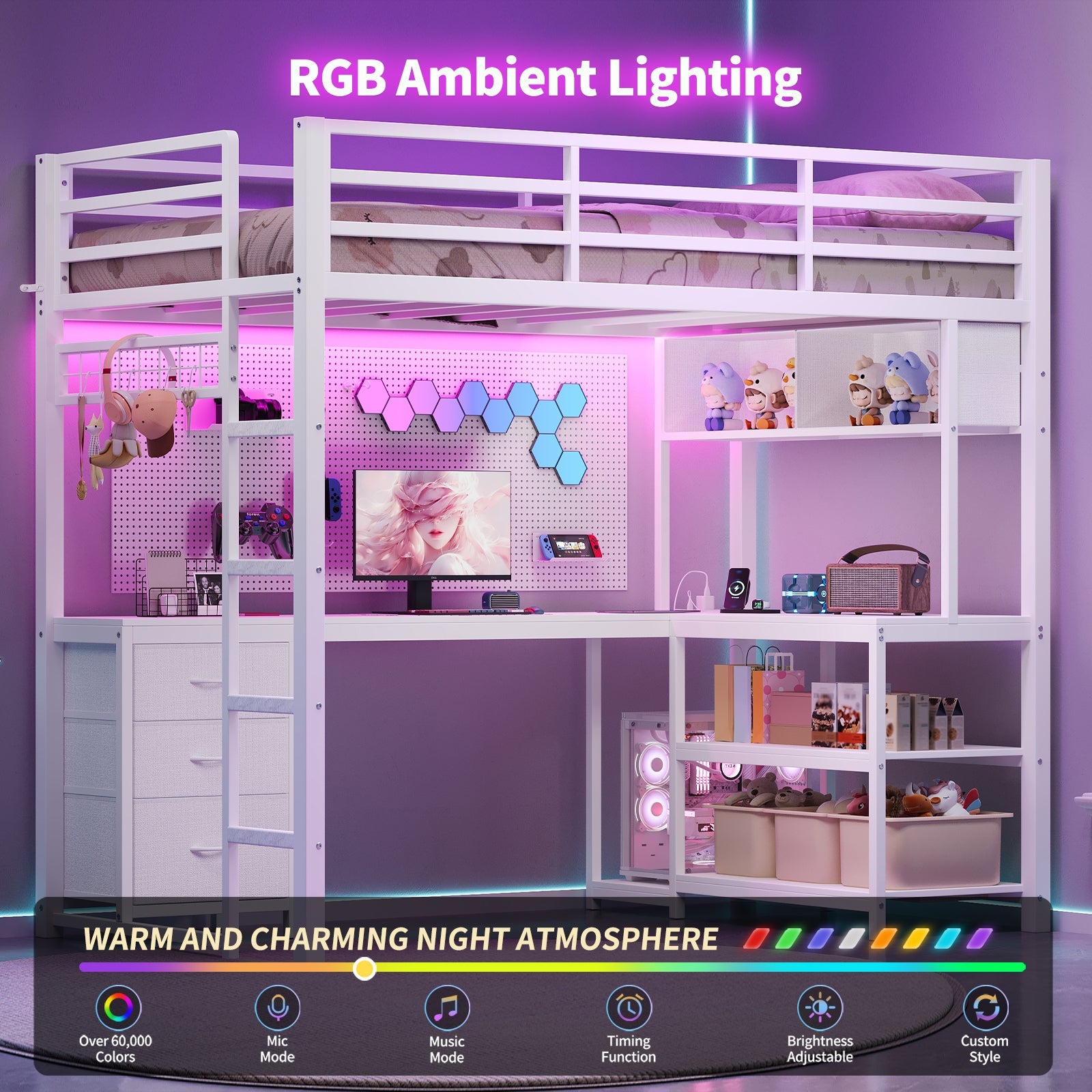 Twin Size Loft Bed Frame with L-Shaped Desk, RGB LED Lights, Charging Station, 3 Fabric Storage Drawers, Open Shelves & Grid Pegboard, Metal Bed for Teens & Adults, Black - Yanosaku