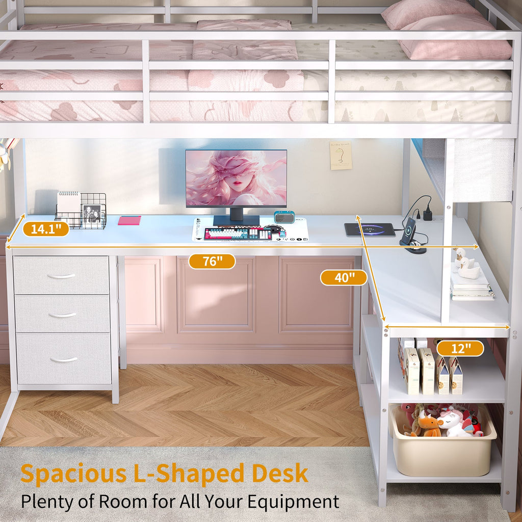 Twin Size Loft Bed Frame with L-Shaped Desk, RGB LED Lights, Charging Station, 3 Fabric Storage Drawers, Open Shelves & Grid Pegboard, Metal Bed for Teens & Adults, Black - Yanosaku