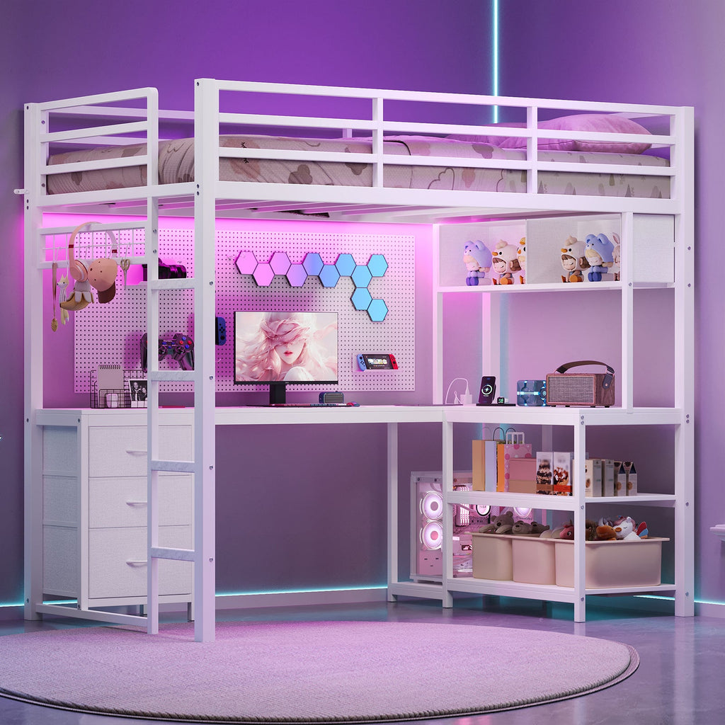 Twin Size Loft Bed Frame with L-Shaped Desk, RGB LED Lights, Charging Station, 3 Fabric Storage Drawers, Open Shelves & Grid Pegboard, Metal Bed for Teens & Adults, Black - Yanosaku