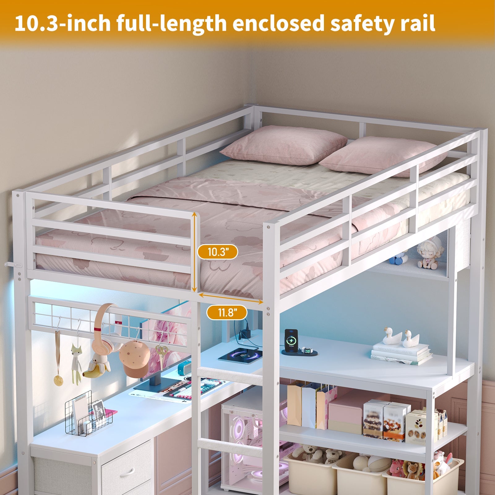 Twin Size Loft Bed Frame with L-Shaped Desk, RGB LED Lights, Charging Station, 3 Fabric Storage Drawers, Open Shelves & Grid Pegboard, Metal Bed for Teens & Adults, Black - Yanosaku