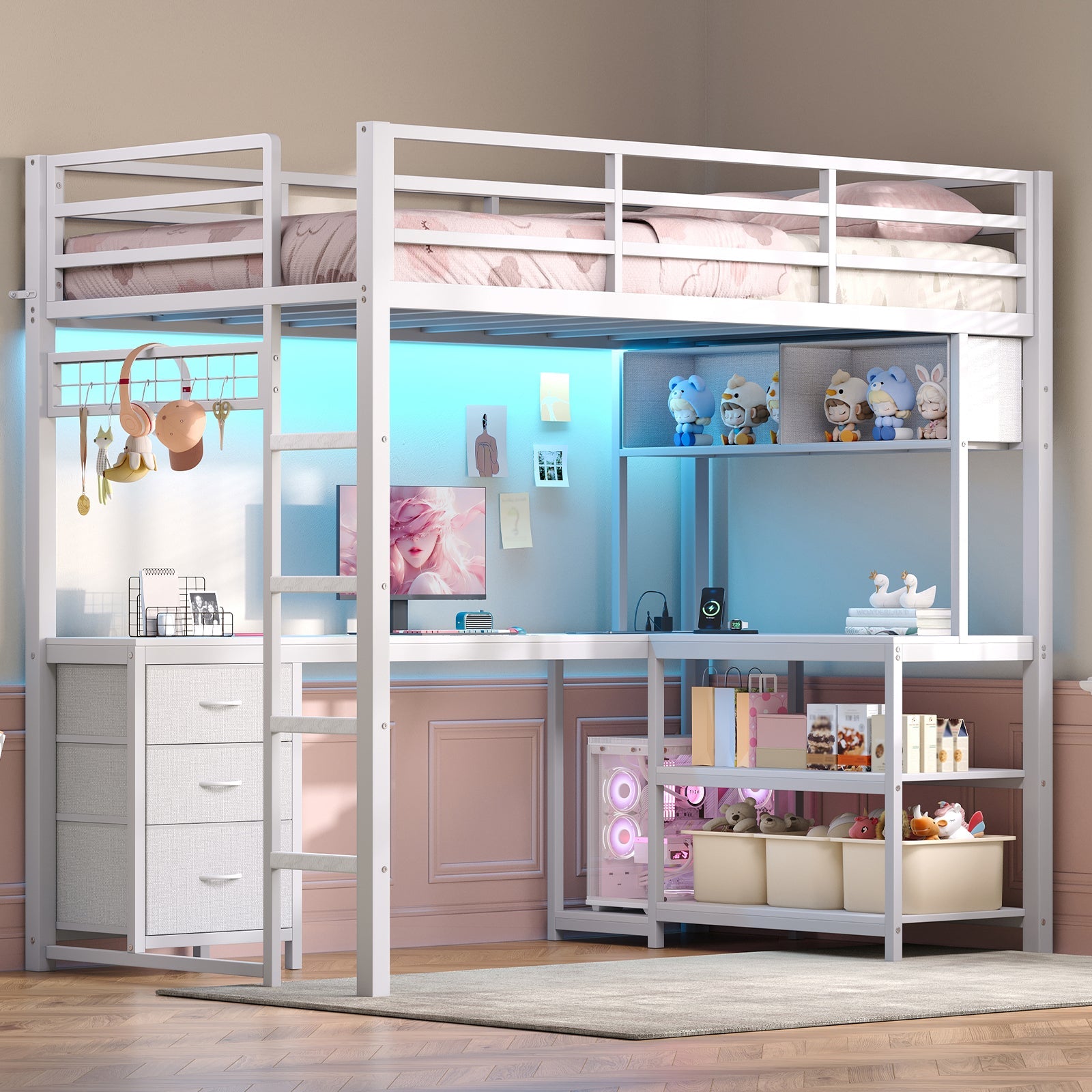 Twin Size Loft Bed Frame with L-Shaped Desk, RGB LED Lights, Charging Station, 3 Fabric Storage Drawers, Open Shelves & Grid Pegboard, Metal Bed for Teens & Adults, Black - Yanosaku