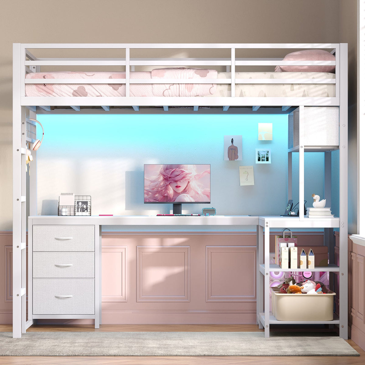Twin Size Loft Bed Frame with L-Shaped Desk, RGB LED Lights, Charging Station, 3 Fabric Storage Drawers, Open Shelves & Grid Pegboard, Metal Bed for Teens & Adults, Black - Yanosaku