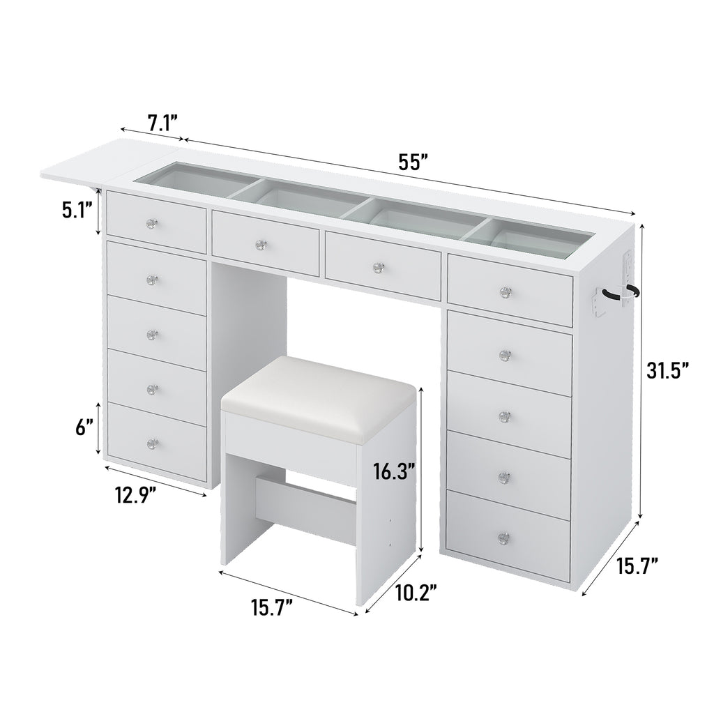 55" W Vanity Desk Without Mirror, 12-Drawer Makeup Vanity with Glass Top & Built-In Charging Station, Large Makeup Table for Bedroom